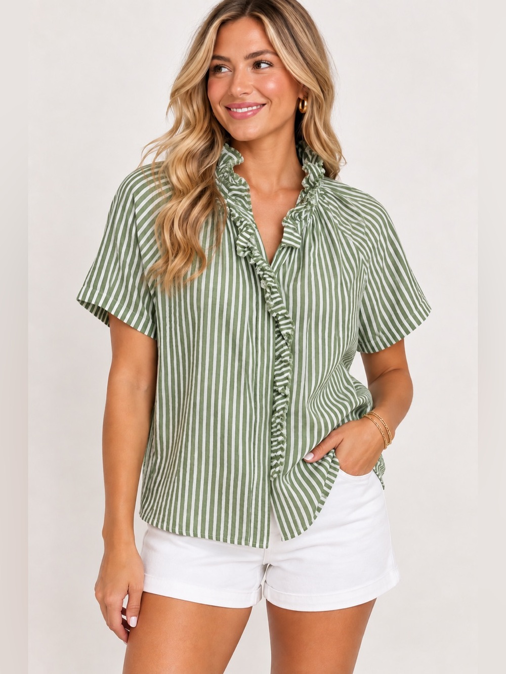 Chicos Green & White Striped Ruffle-Trim Button-Front Blouse 2.5/Large/14